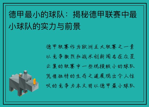 德甲最小的球队：揭秘德甲联赛中最小球队的实力与前景
